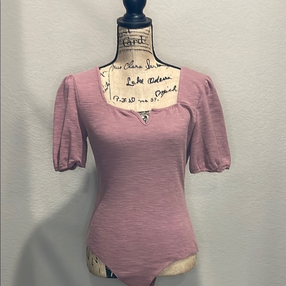 Altar'd State Pink Puff Sleeve Fitted Bodysuit
